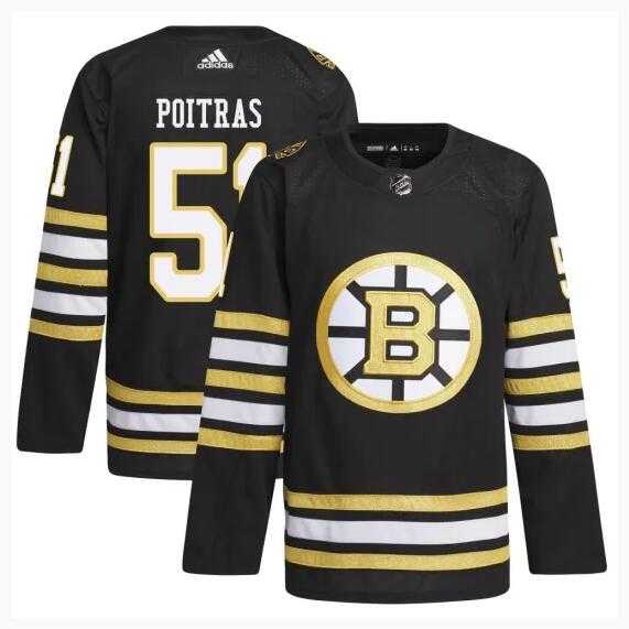 Mens Boston Bruins #51 Matthew Poitras Black 100th Anniversary Stitched Jersey Dzhi
